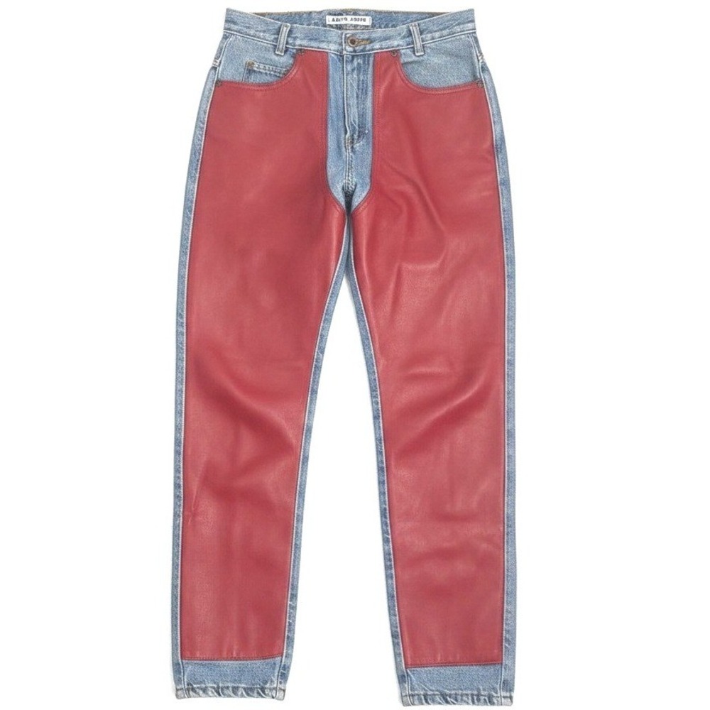 JouJou Vintage High Waisted Jeans 7/8 Blue Red Faux Leather Panel Straight Leg